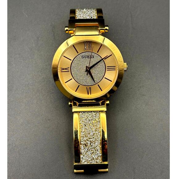 Guess Aurora Women\'s Gold-Tone Stainless Steel & Zwarovski Crystals Bangle Watch